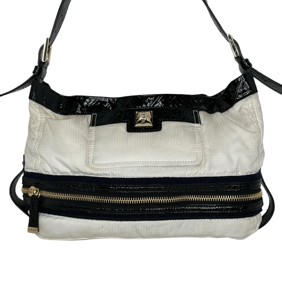 L.A.M.B Reversible White Nylon & Stripes Fabric Patent Leather Strap Hobo Bag - Picture 11 of 16